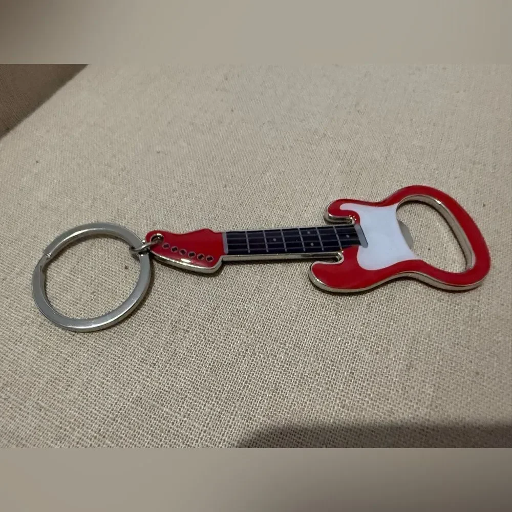 Guitar Bottle Opener Keychain Red & White – Rockin’ Accessory for Music Lovers